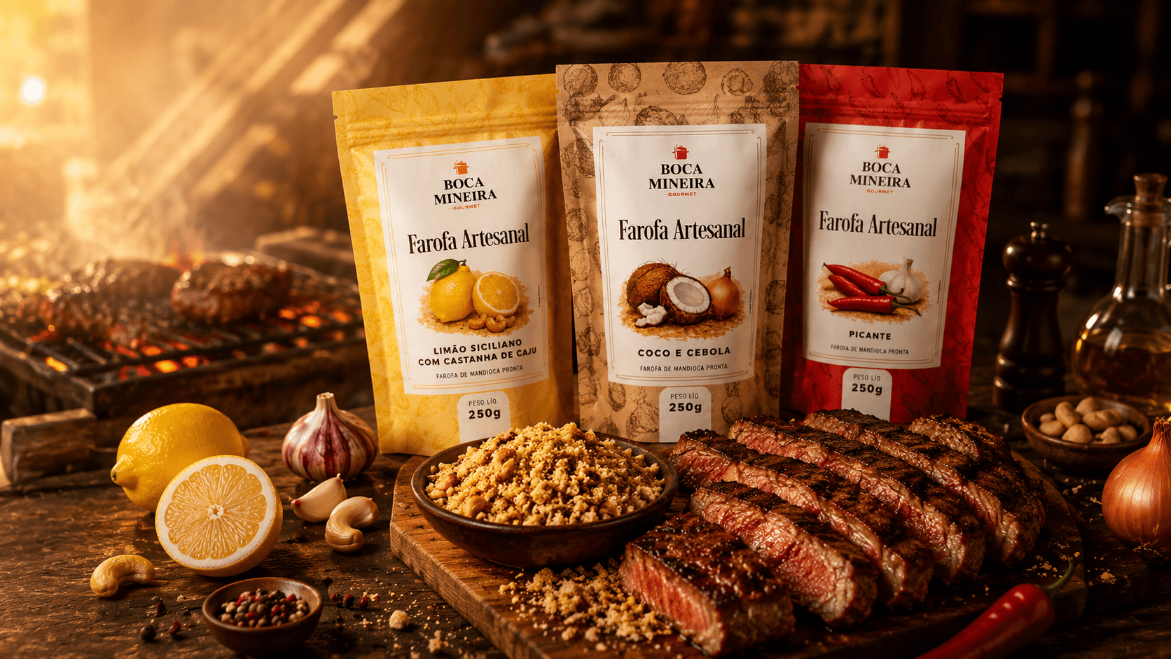 Farofas Boca Mineira — Limão Siciliano, Coco e Cebola e Picante sobre mesa de churrasco com ingredientes